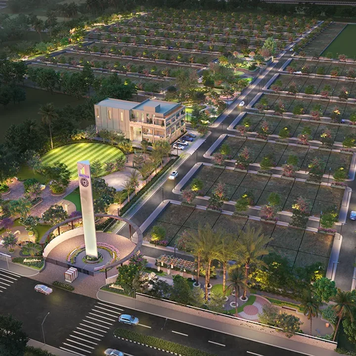 Sattva Ekatra aerial view of the entrance plaza, clubhouse and plot grid at Thippapura