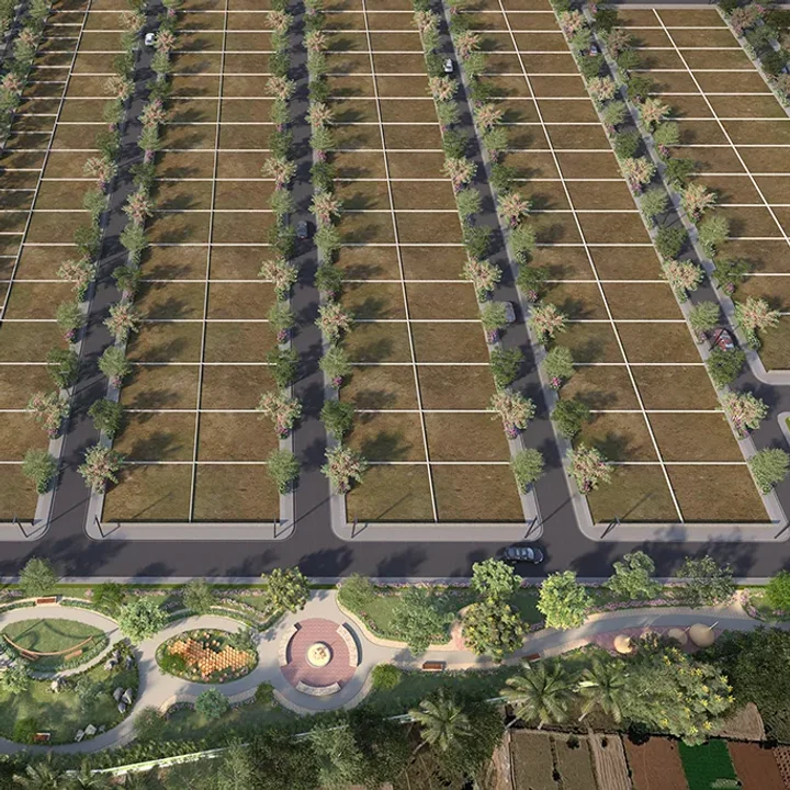 Sattva Ekatra aerial view of the plot grid with avenue trees